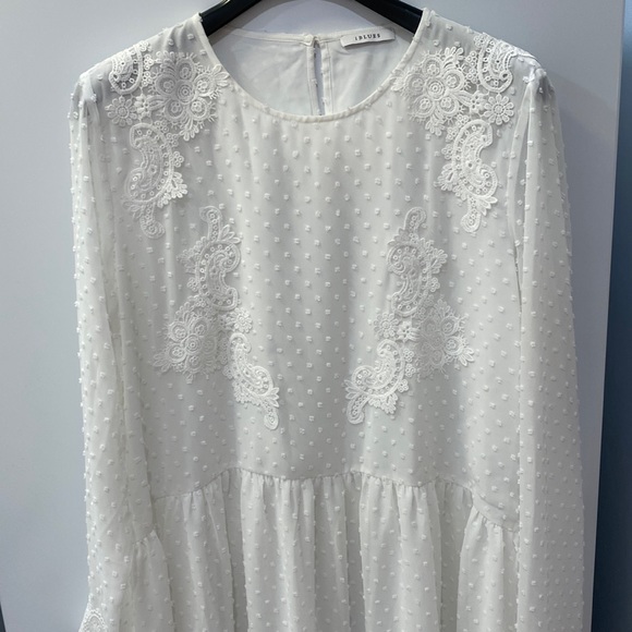 NWOT. I BLUES White dress with long sleeve embroidery Clip Dot Chiffon - Picture 3 of 16